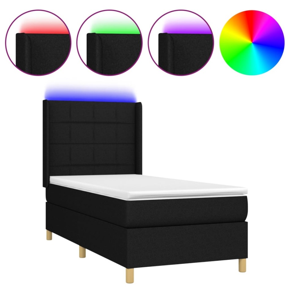 Cama box spring colchón y luces LED tela negro 90x190