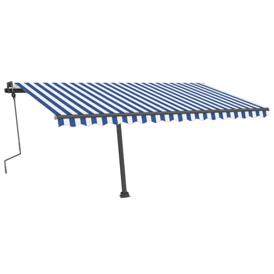 Toldo de pie retráctil manual azul y blanco 450x350