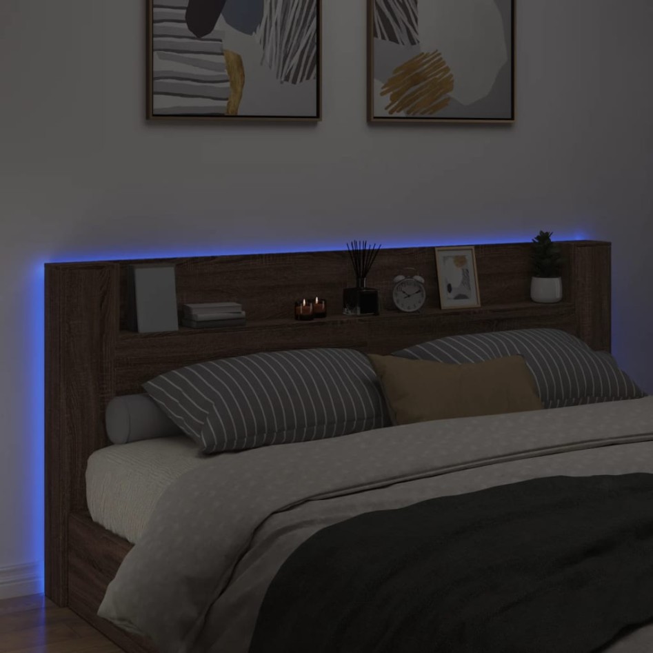 Cabecero de cama con luz LED marrón roble 220x16,5x103,5