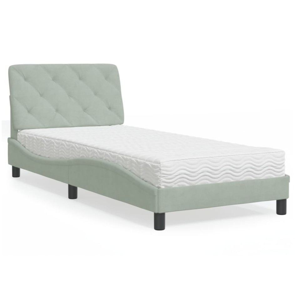 Cama con colchón terciopelo gris claro 90x200