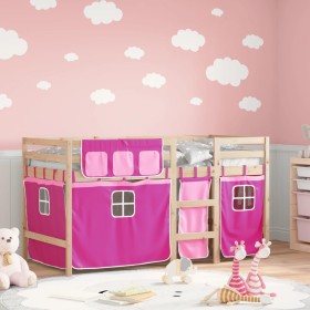 Cama alta para niños con cortinas madera pino rosa 90x190