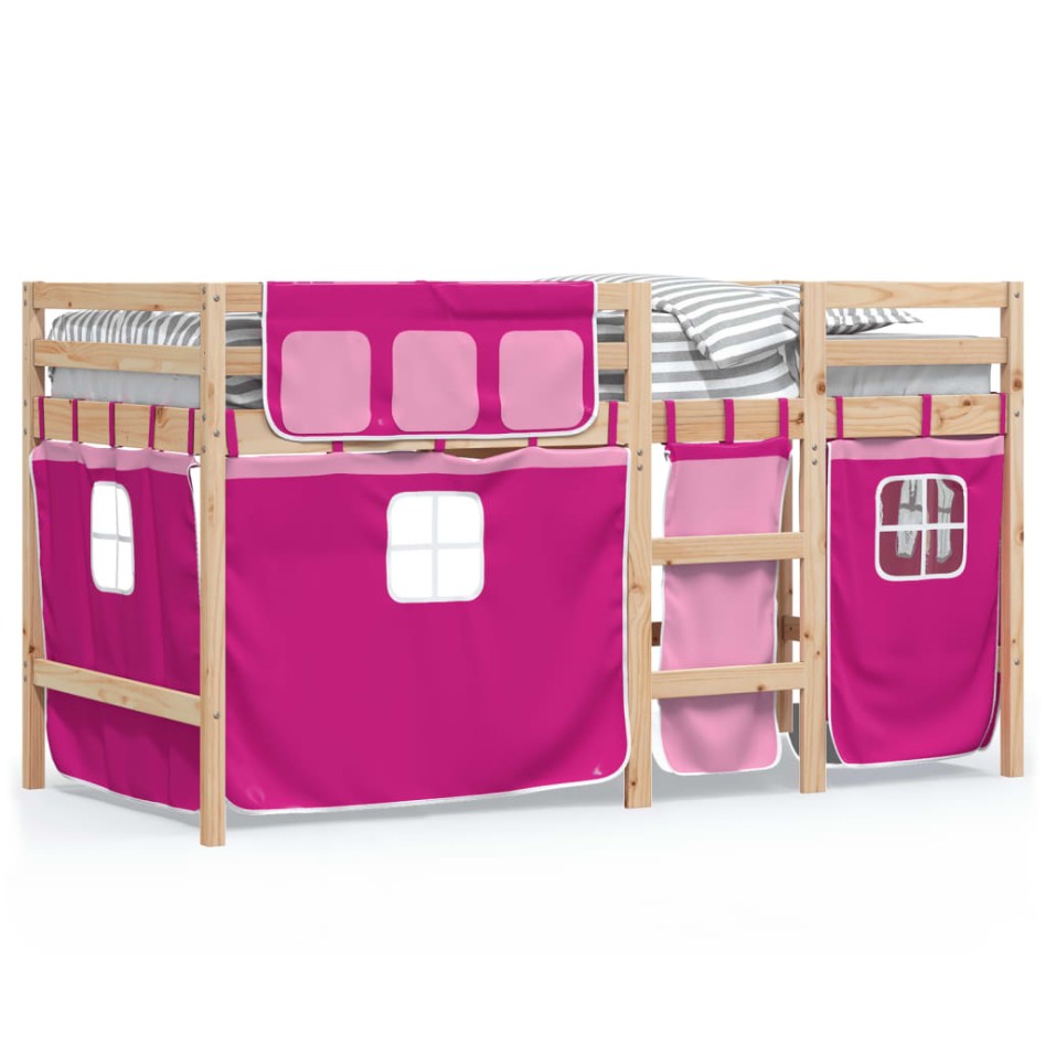Cama alta para niños con cortinas madera pino rosa 90x190