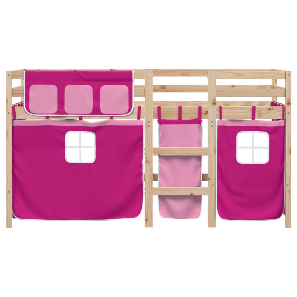 Cama alta para niños con cortinas madera pino rosa 90x190