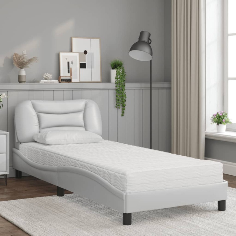 Cama con colchón cuero sintético blanco 90x200