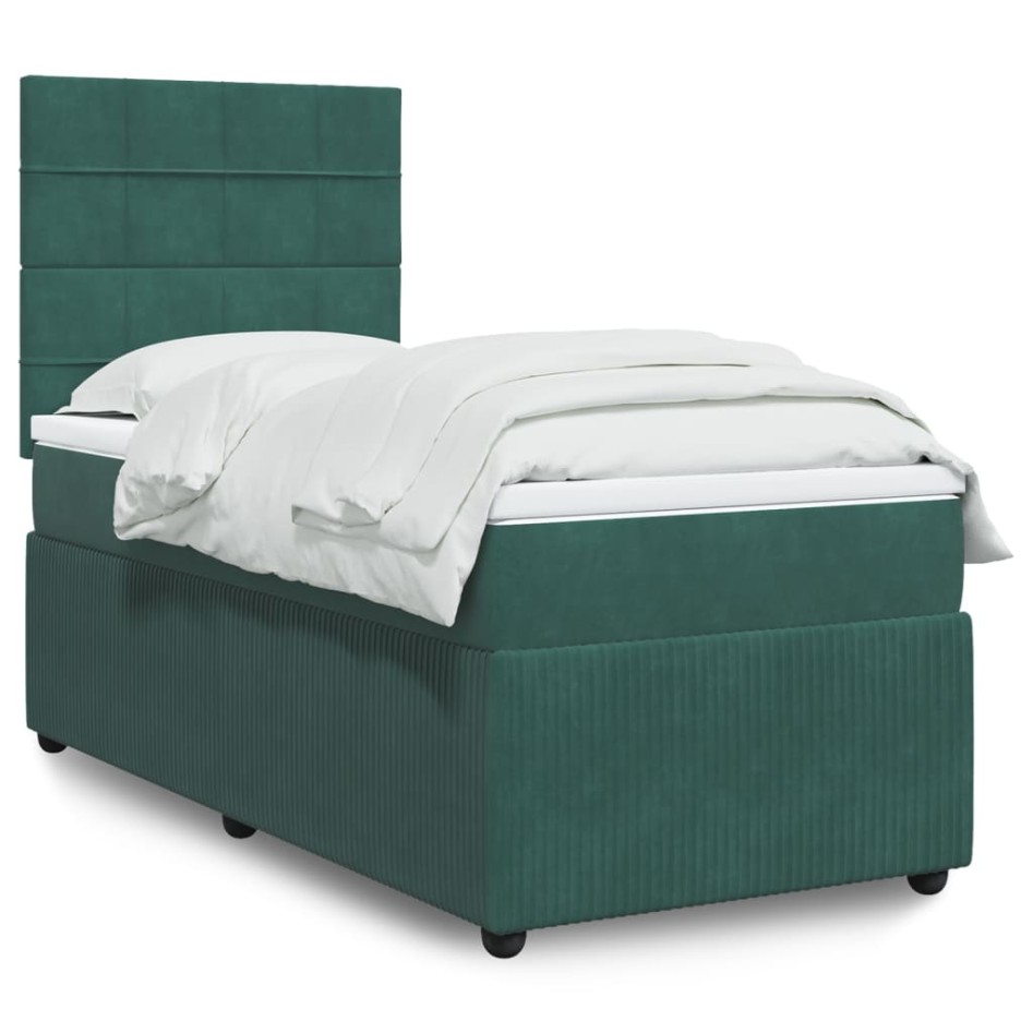 Cama box spring con colchón terciopelo verde oscuro 90x190