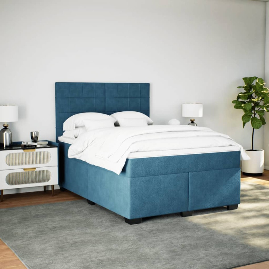 Cama box spring con colchón terciopelo azul 140x190