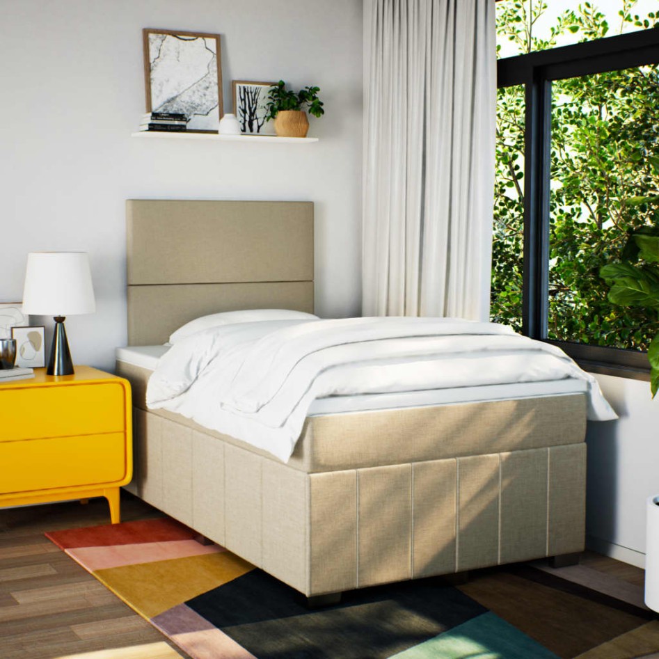 Cama box spring con colchón tela color crema 120x200