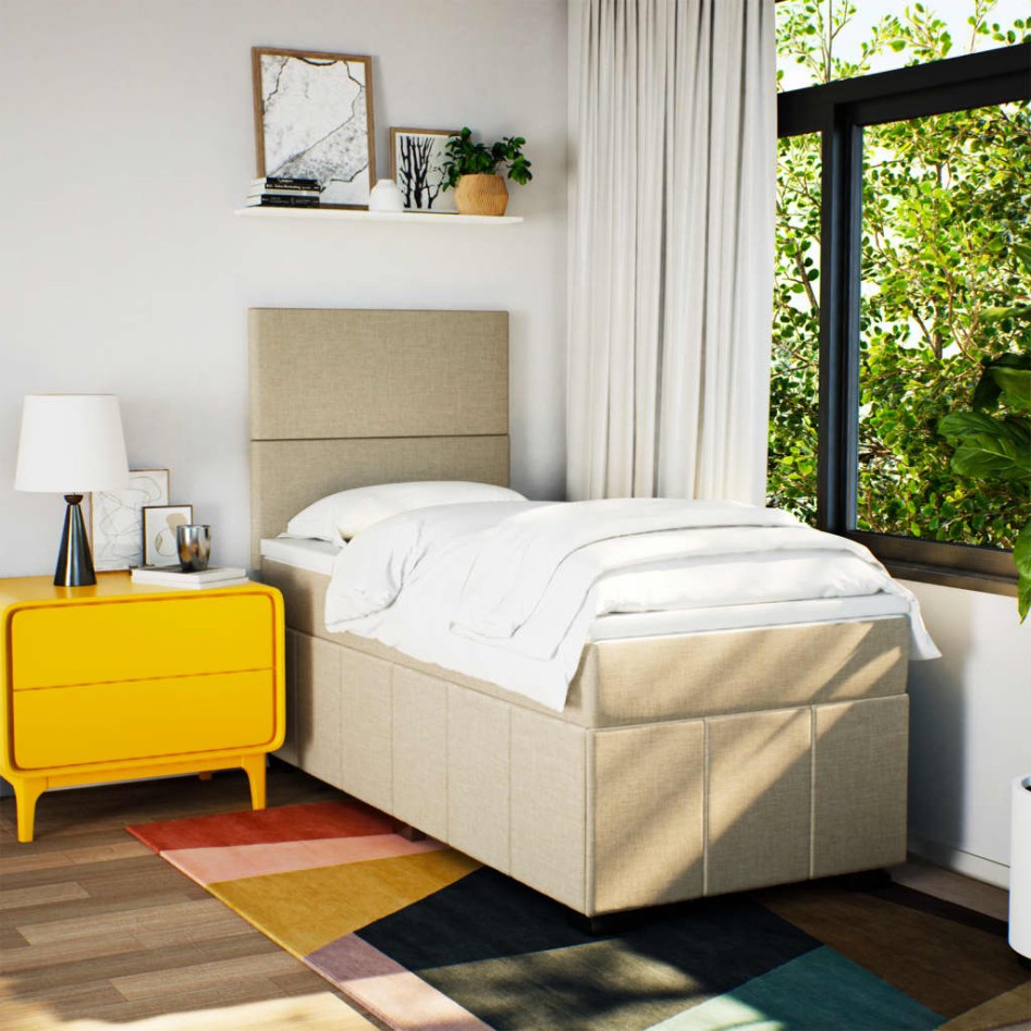 Cama box spring con colchón tela color crema 100x200