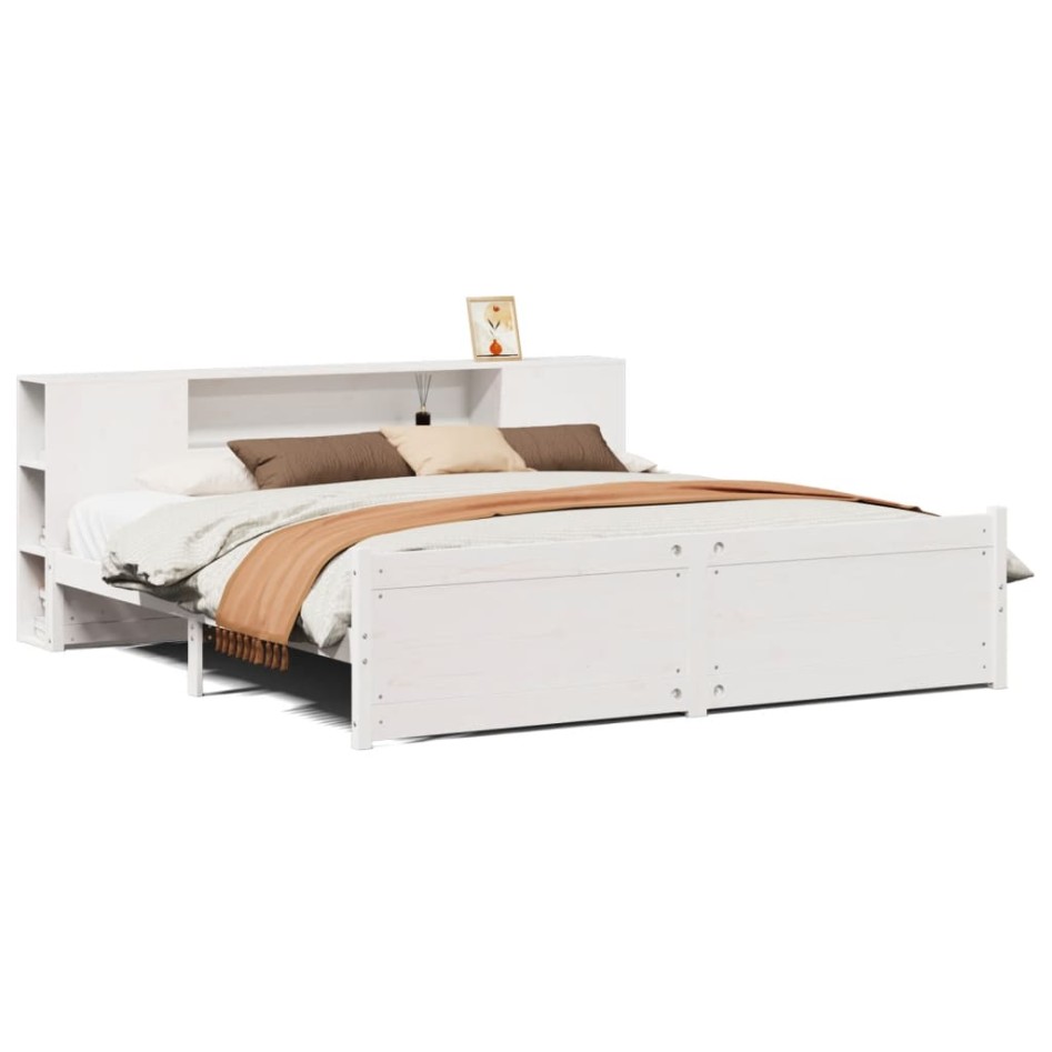 Cama con estantería sin colchón madera maciza blanca 180x200