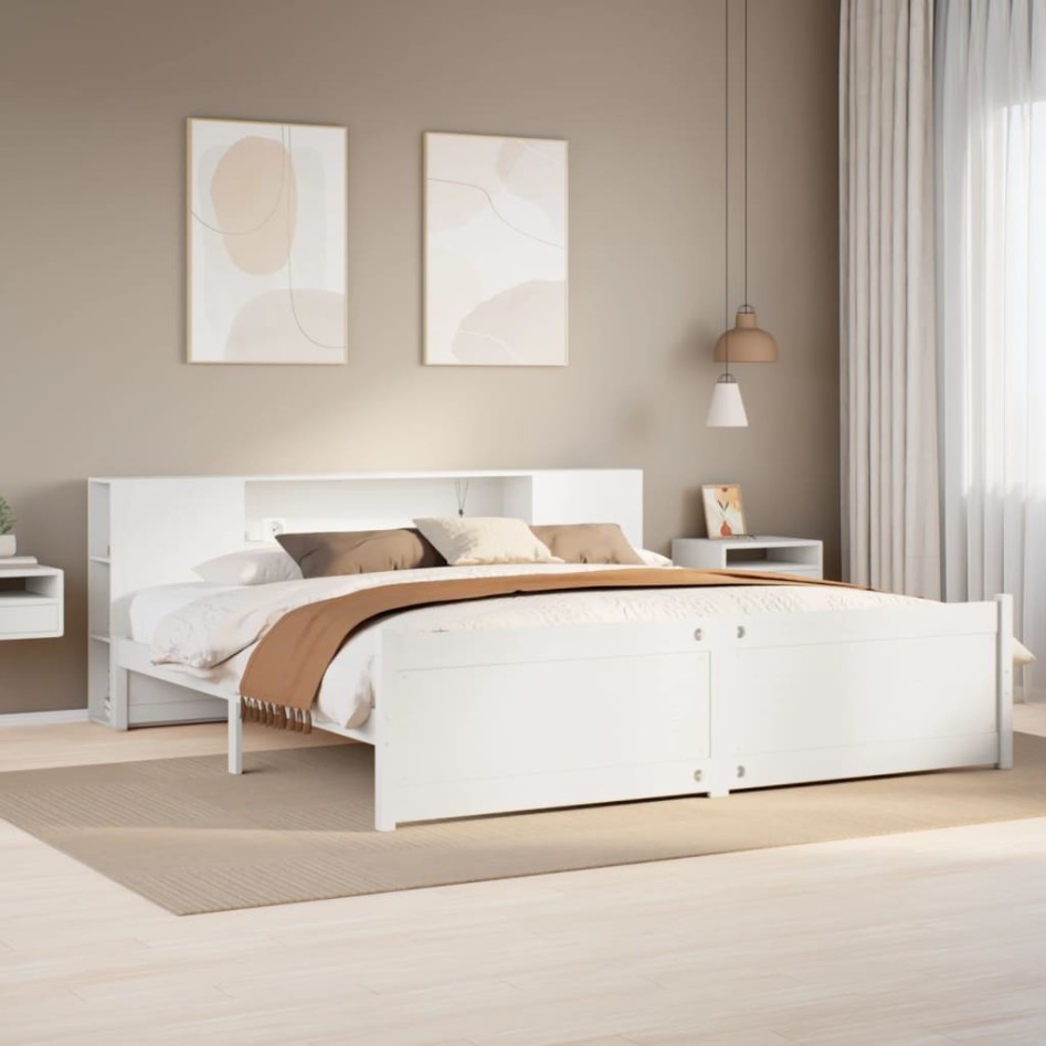 Cama con estantería sin colchón madera maciza blanca 200x200
