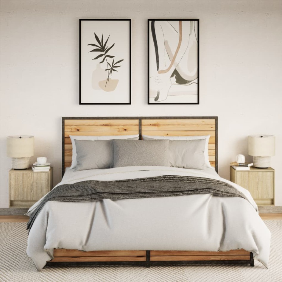 Mesitas de noche de pared con luces LED 2 unidades roble