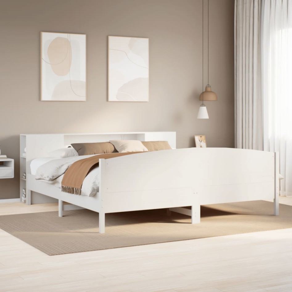 Cama con estantería sin colchón madera maciza blanca 200x200