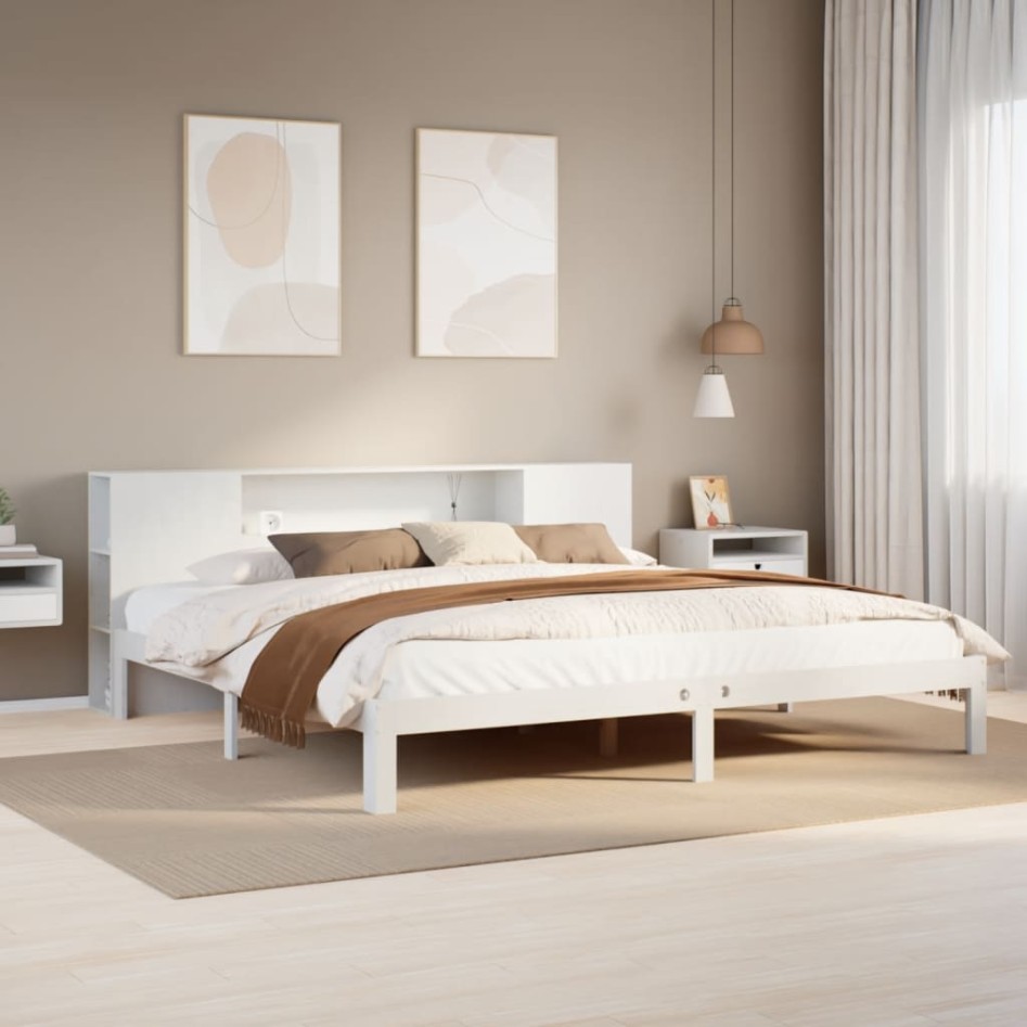 Cama con estantería sin colchón madera maciza blanca 180x200
