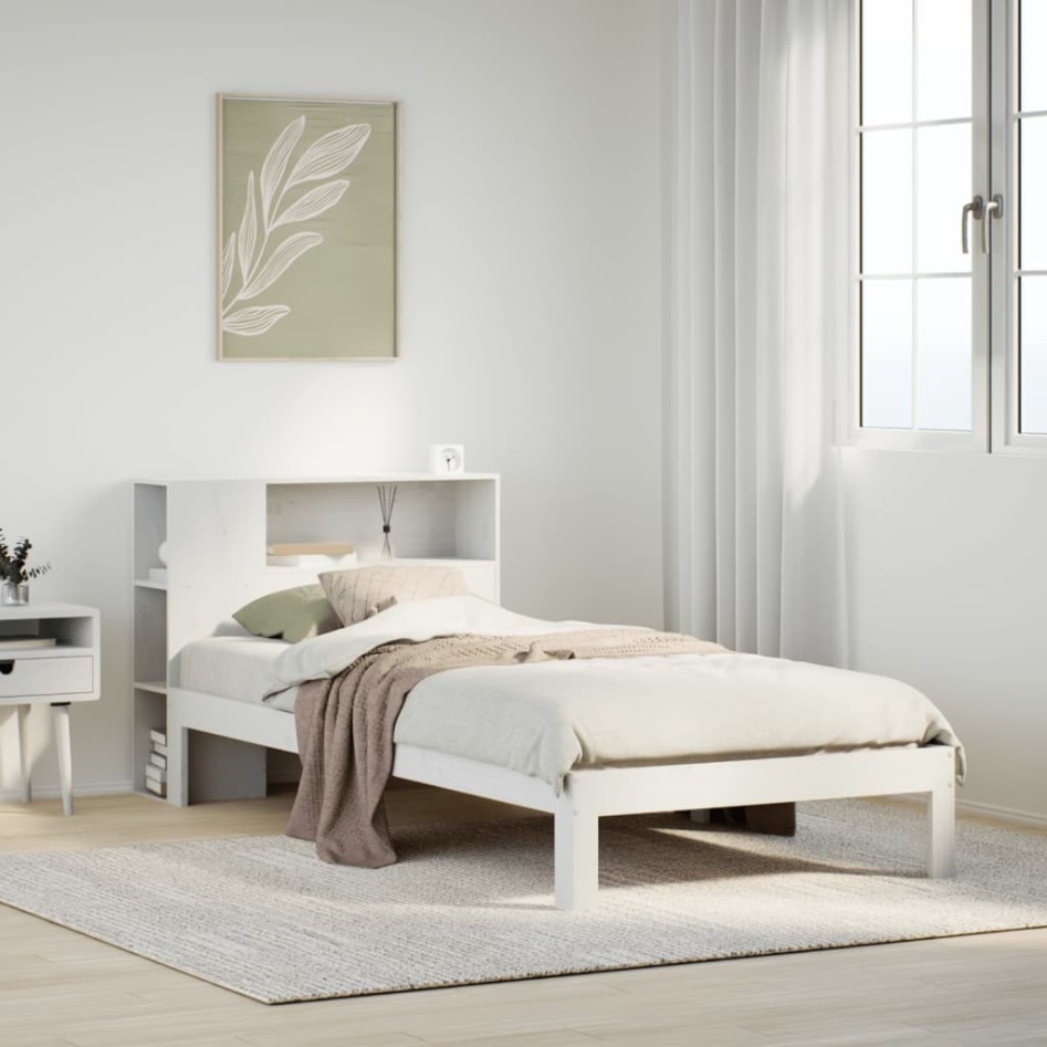 Cama con estantería sin colchón madera maciza blanca 100x200