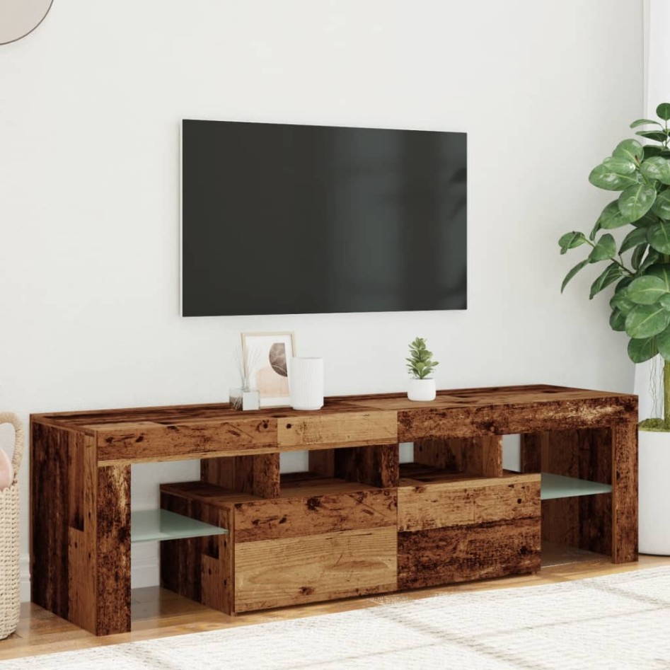 Mueble TV luces LED madera ingeniería envejecida 140x36,5x40