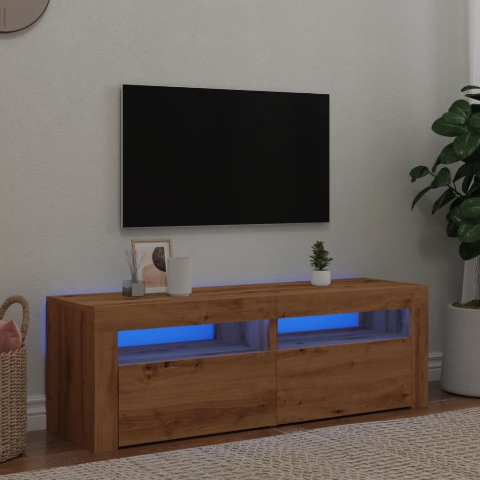 Mueble de TV luces LED madera roble artisan 120x35x40
