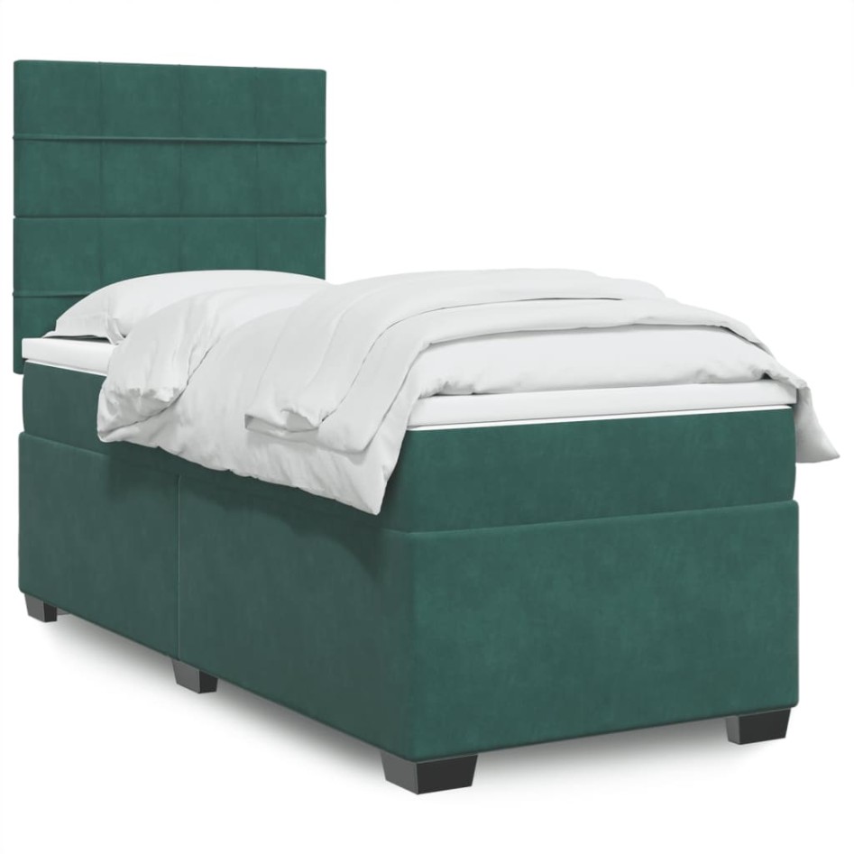 Cama box spring con colchón terciopelo verde oscuro 90x200