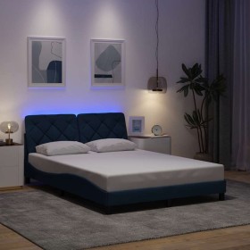 Estructura de cama con LED sin colchón tela azul 140x200