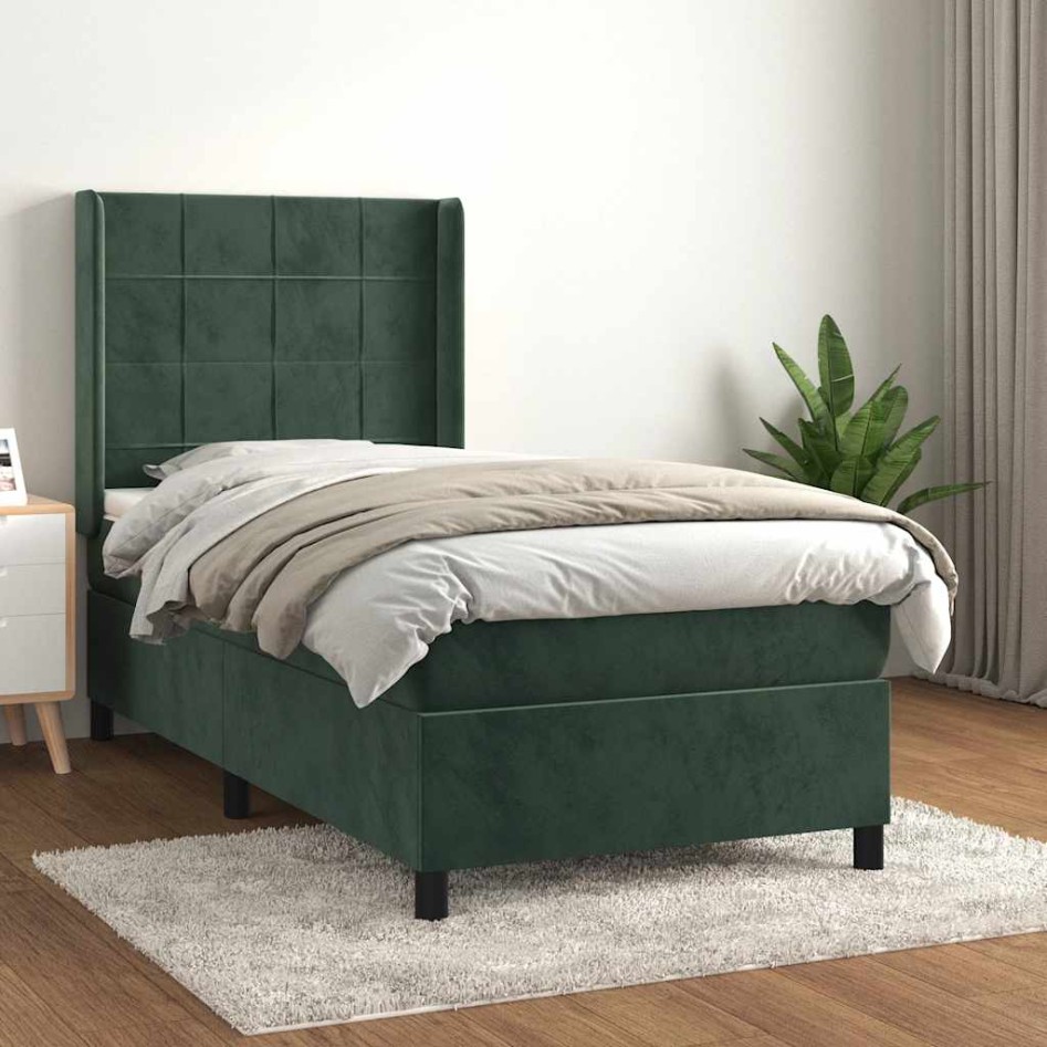 Cama box spring con colchón terciopelo verde oscuro 80x200