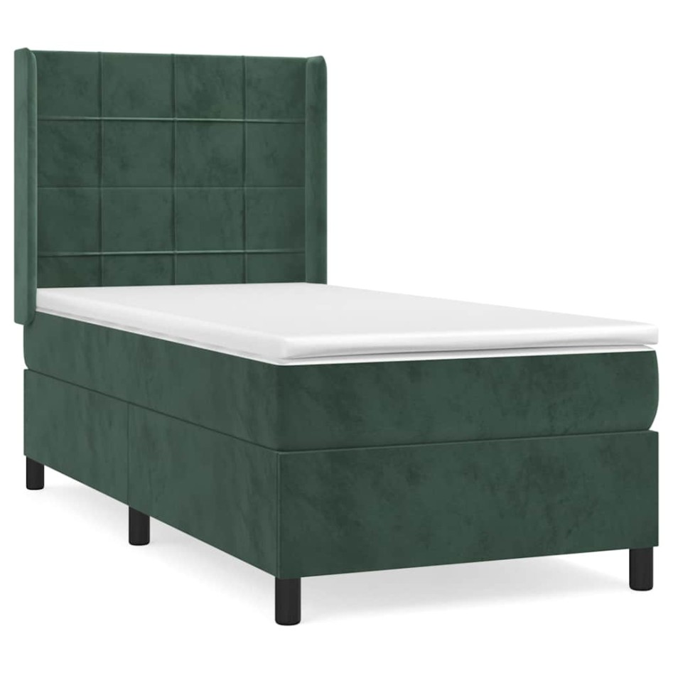 Cama box spring con colchón terciopelo verde oscuro 80x200