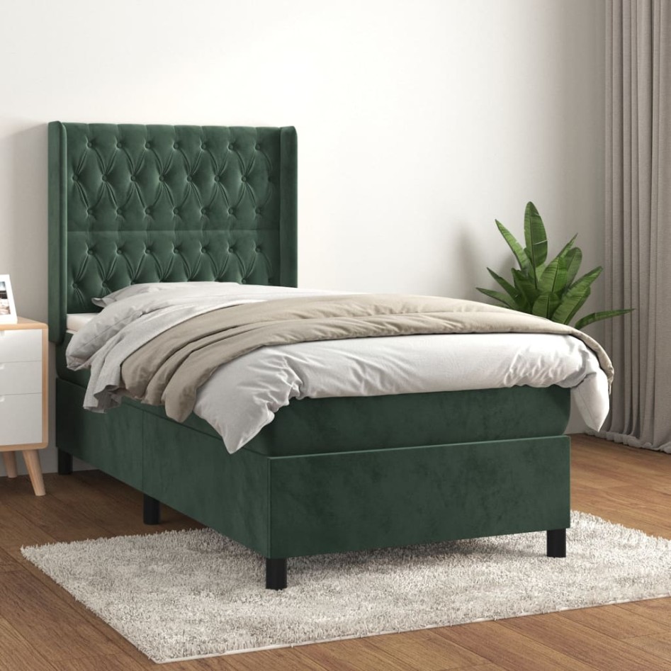 Cama box spring con colchón terciopelo verde oscuro 80x200