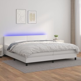 Cama box spring colchón y LED cuero sintético blanco 200x200