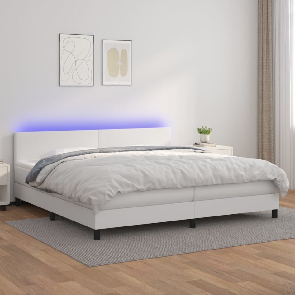 Cama box spring colchón y LED cuero sintético blanco 200x200