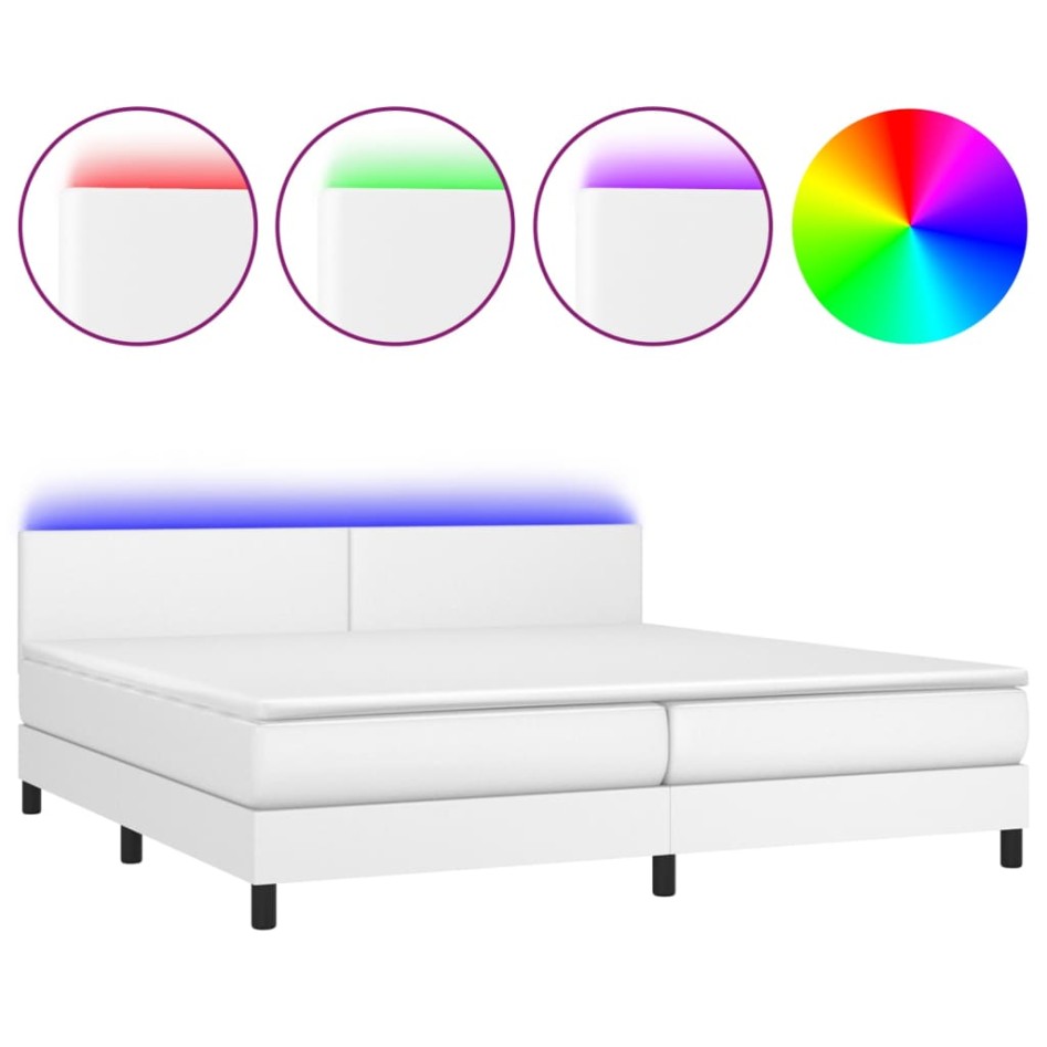 Cama box spring colchón y LED cuero sintético blanco 200x200