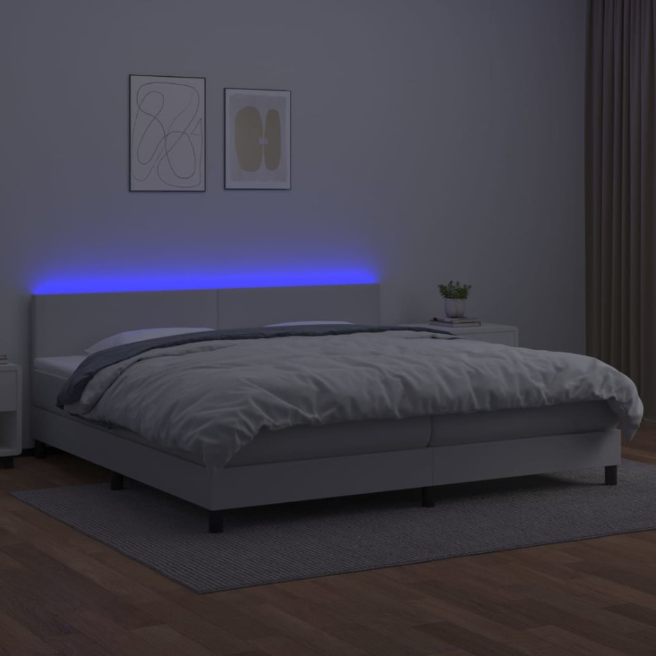 Cama box spring colchón y LED cuero sintético blanco 200x200