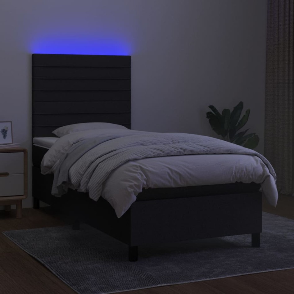 Cama box spring colchón y luces LED tela negro 80x200