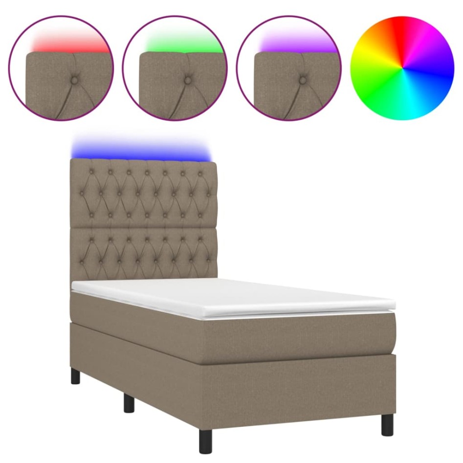 Cama box spring colchón y luces LED gris taupe 80x200