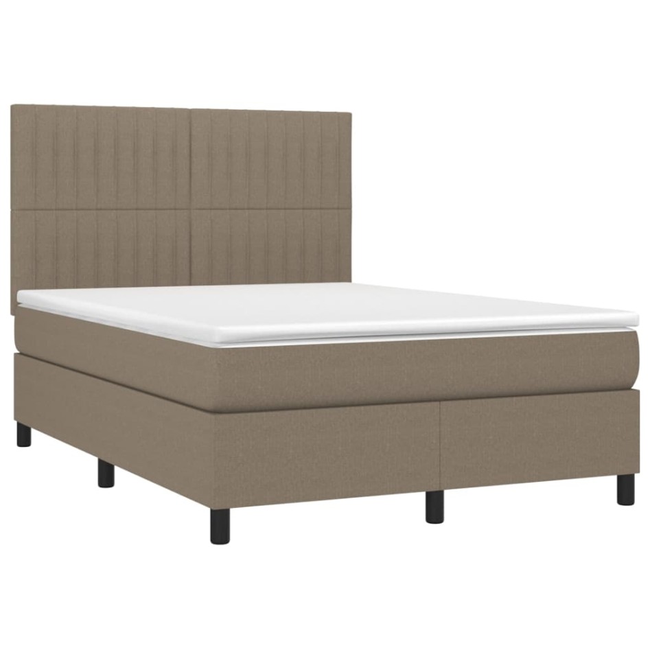 Cama box spring colchón y luces LED tela gris taupe 140x190