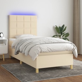 Cama box spring colchón y luces LED tela crema 80x200
