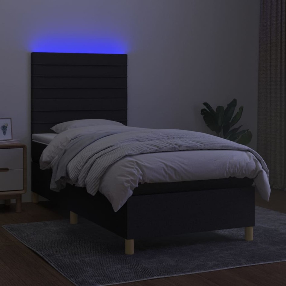 Cama box spring colchón y luces LED tela negro 80x200