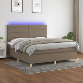 Cama box spring colchón y luces LED tela gris taupe 160x200