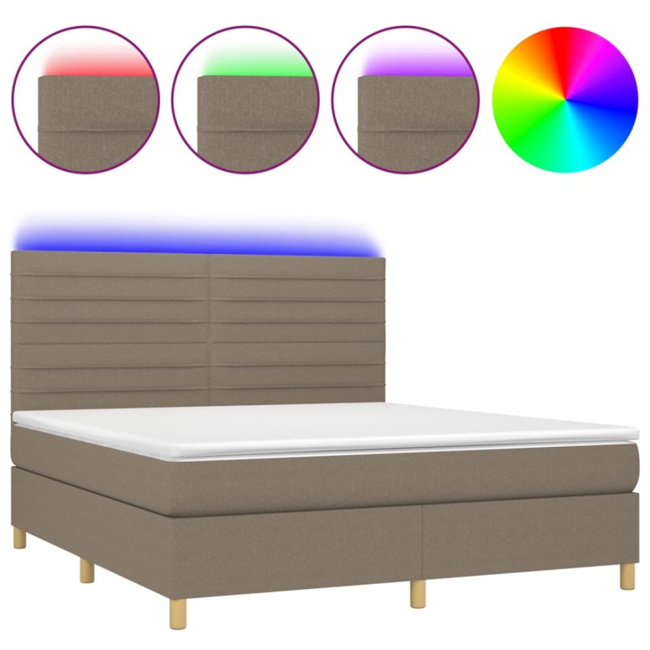 Cama box spring colchón y luces LED tela gris taupe 160x200