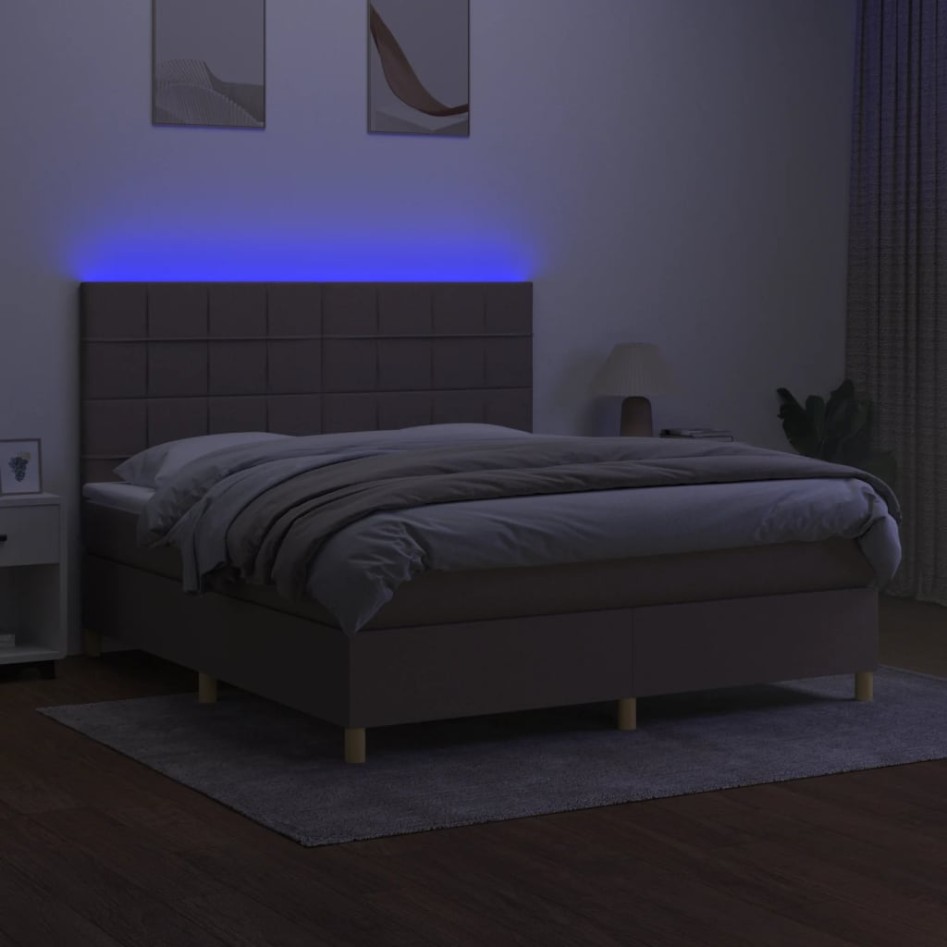 Cama box spring colchón y luces LED tela gris taupe 160x200
