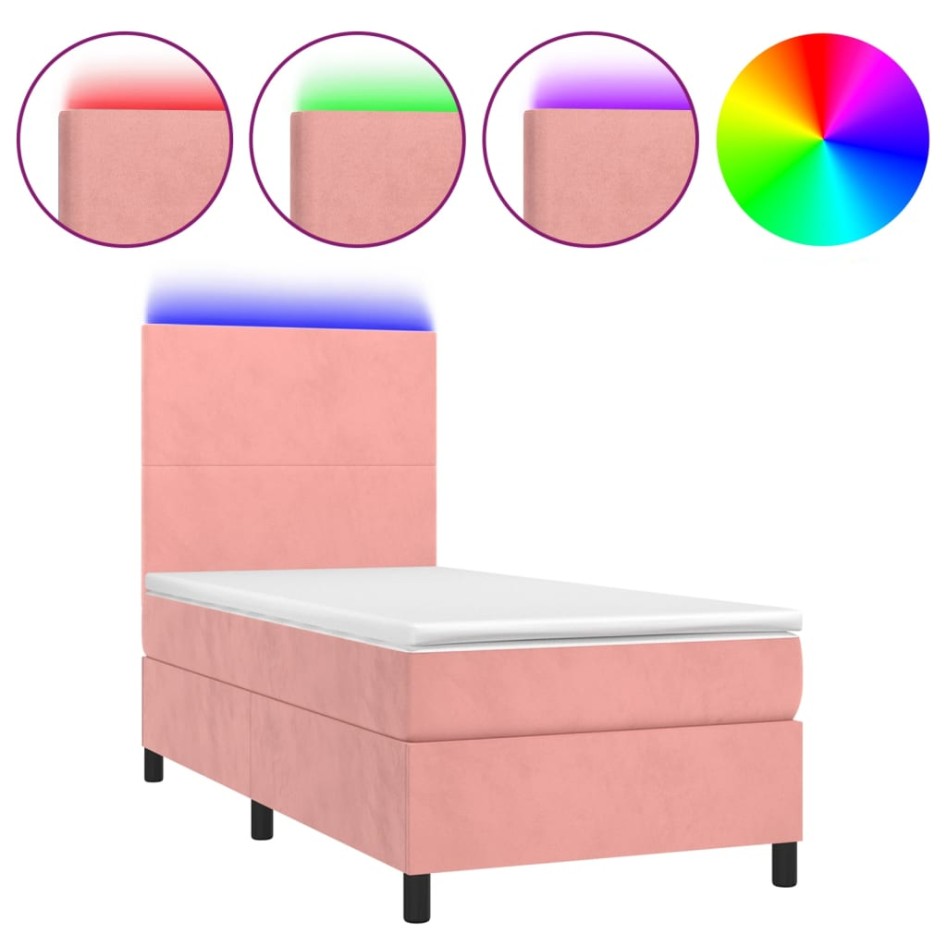 Cama box spring colchón y LED terciopelo rosa 80x200