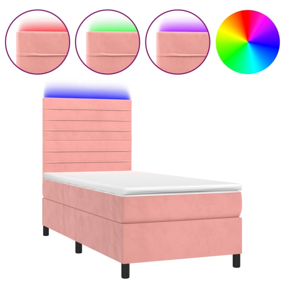 Cama box spring colchón y LED terciopelo rosa 80x200