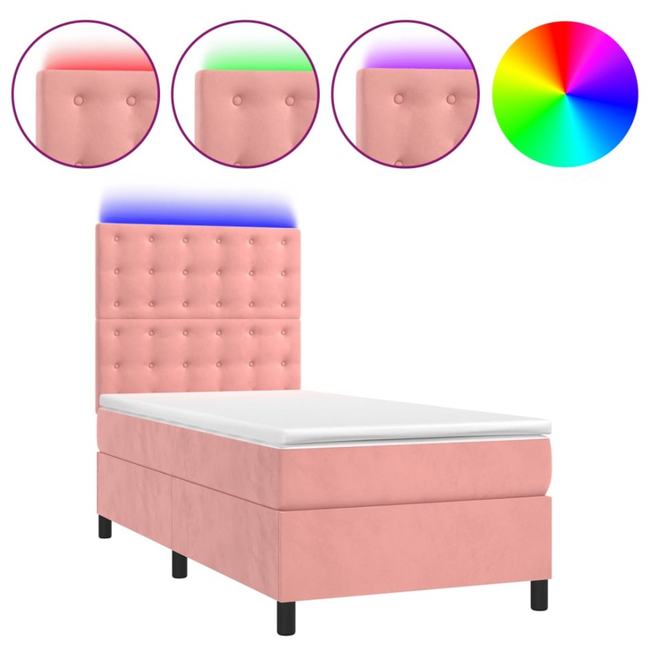 Cama box spring colchón y LED terciopelo rosa 80x200