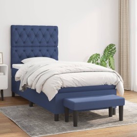 Cama box spring con colchón tela azul 80x200