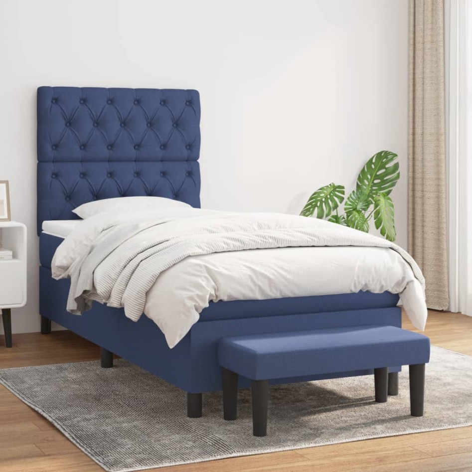 Cama box spring con colchón tela azul 80x200