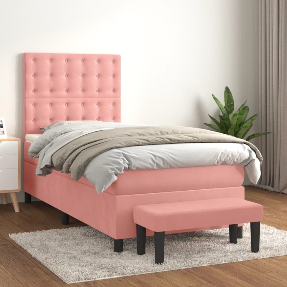 Cama box spring con colchón terciopelo rosa 80x200