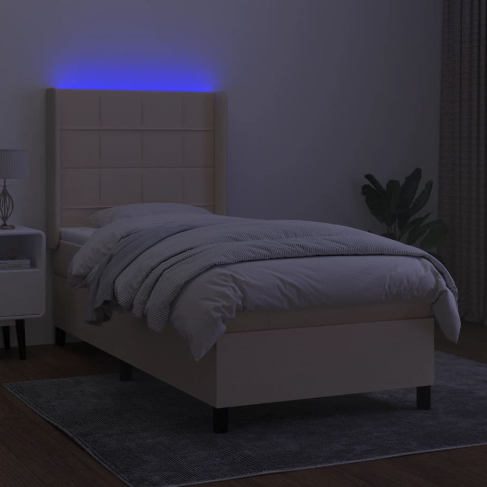Cama box spring colchón y luces LED tela crema 80x200