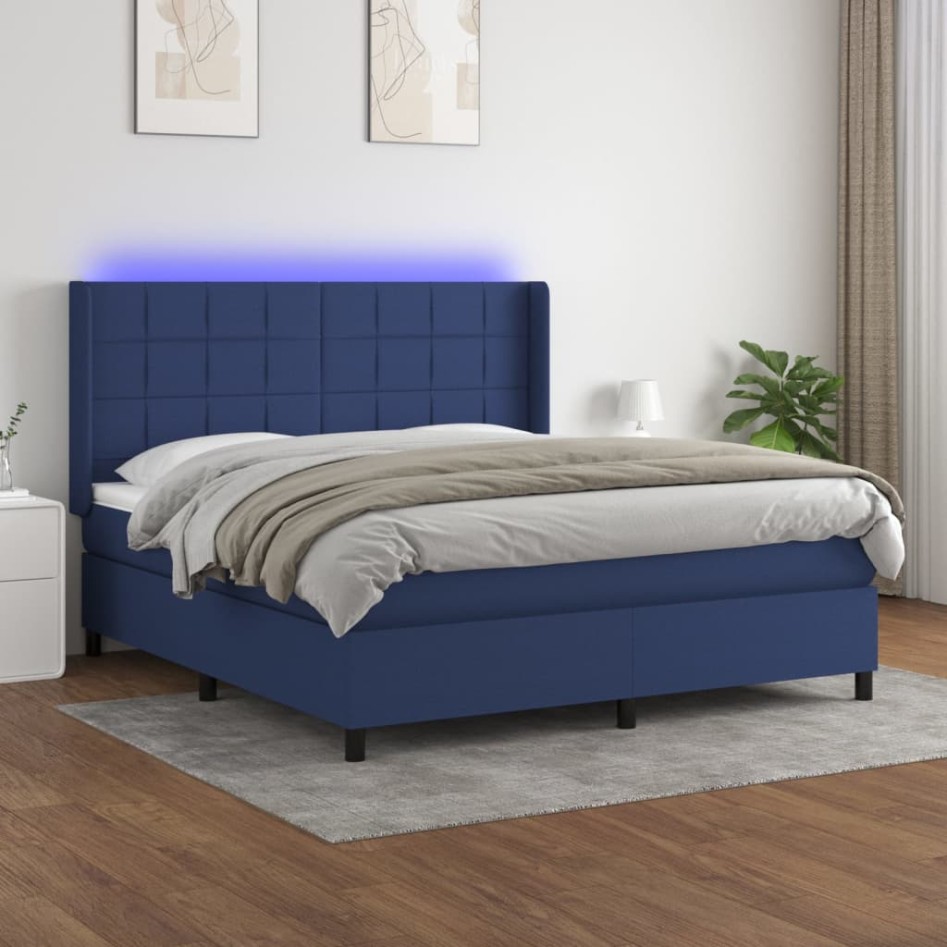 Cama box spring colchón y luces LED tela azul 160x200