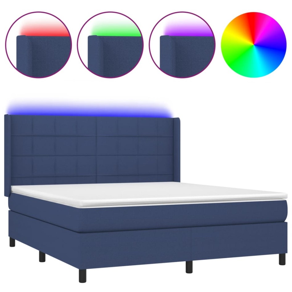 Cama box spring colchón y luces LED tela azul 160x200