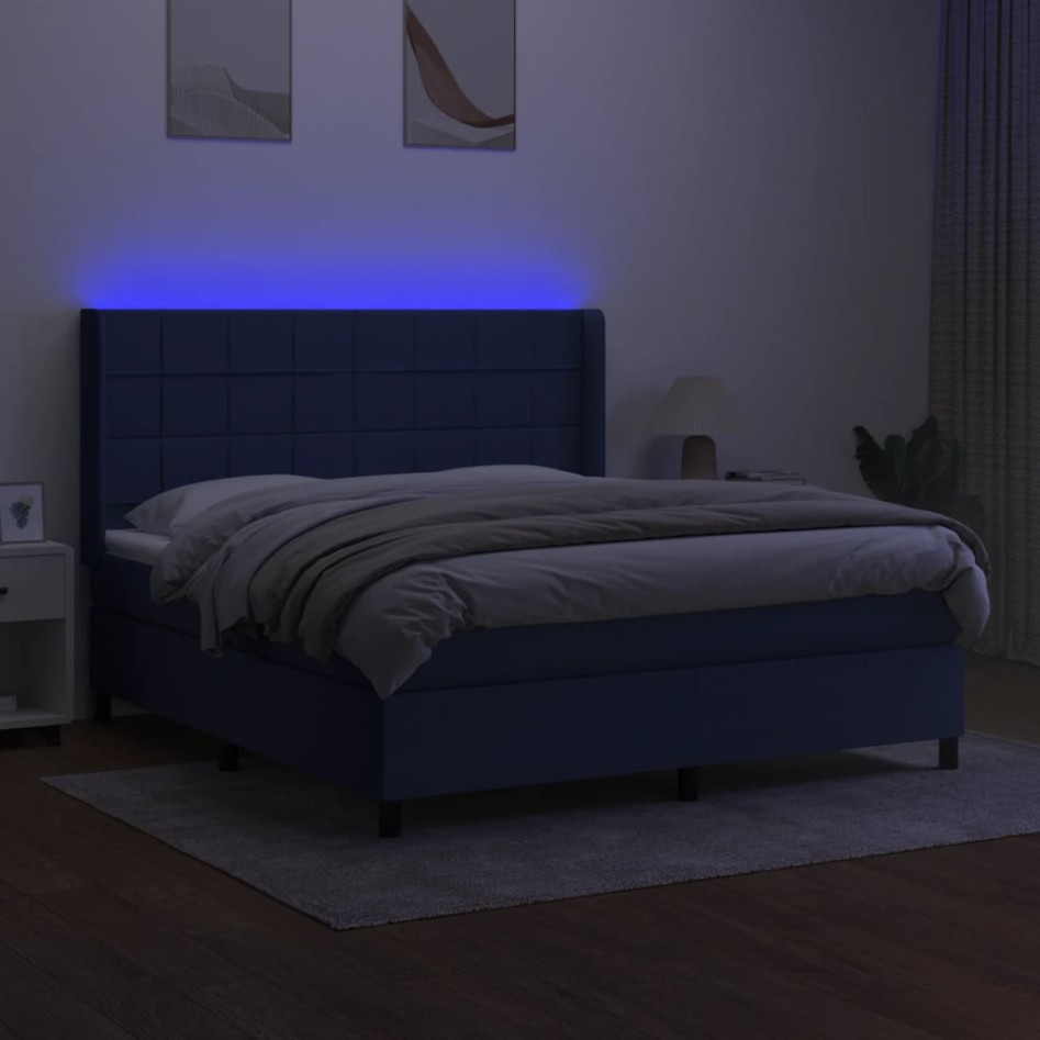 Cama box spring colchón y luces LED tela azul 160x200