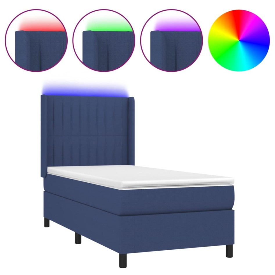 Cama box spring colchón y luces LED tela azul 80x200