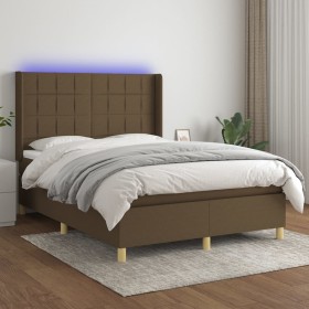 Cama box spring colchón luces LED tela marrón oscuro