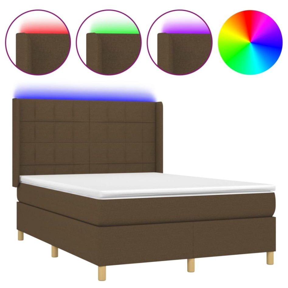 Cama box spring colchón luces LED tela marrón oscuro